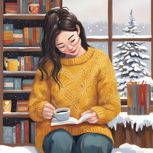 Girl in a yellow sweater reading by a window with books and a cup of coffee, snow outside