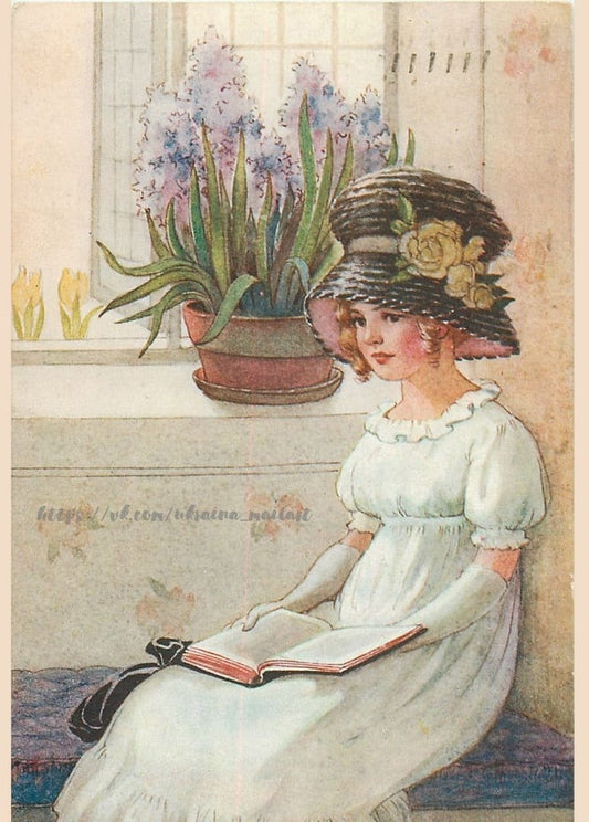 Vintage-Illustration eines Mädchens im Blumenhut, das am Fenster mit Hyazinthen liest