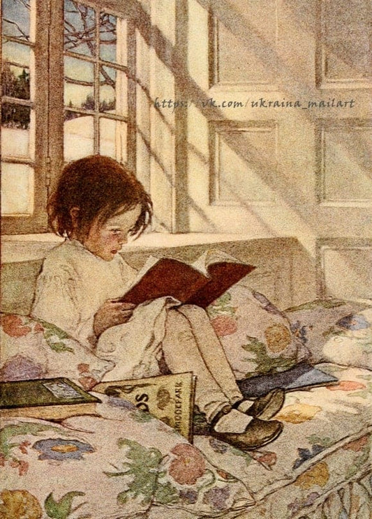 Illustration von Jessie Willcox Smith: Mädchen liest ein Buch am sonnigen Winterfenster