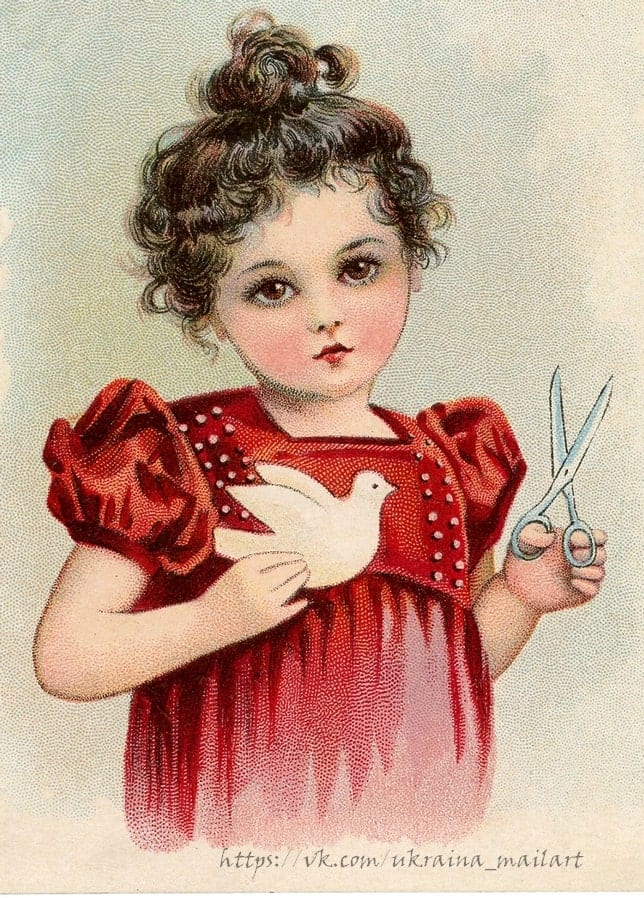 Вікторіанська листівка з дівчинкою в червоній сукні, білим голубом і ножицями в руках