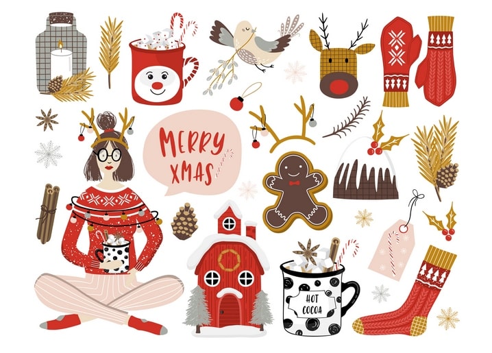 Christmas collage with a girl in reindeer antlers drinking cocoa, gingerbread man and mittens