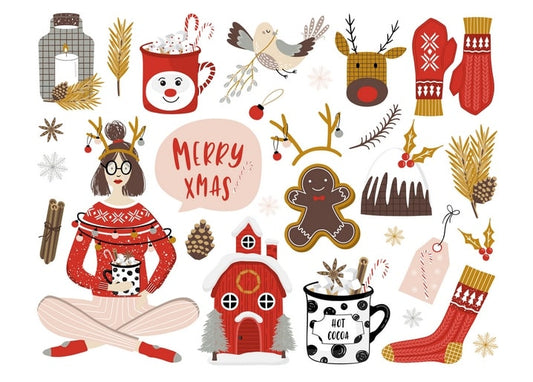 Christmas collage with a girl in reindeer antlers drinking cocoa, gingerbread man and mittens