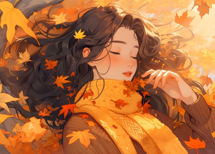 Illustrated girl lying peacefully among golden maple leaves with her hair spread around her