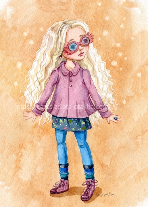 Watercolor illustration of a curly-haired girl in oversized pink round glasses and a star-print skirt.