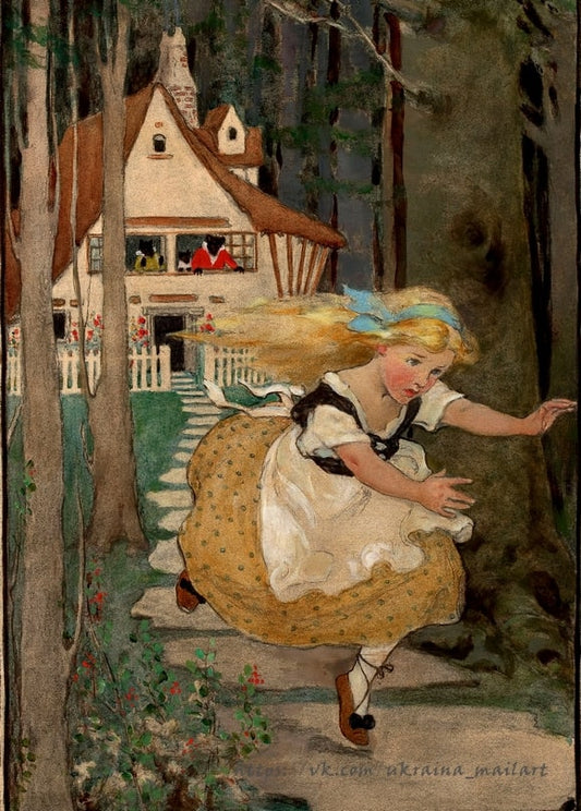 Illustration von Jessie Willcox Smith: Mädchen läuft durch den Wald und blickt zum Cottage zurück