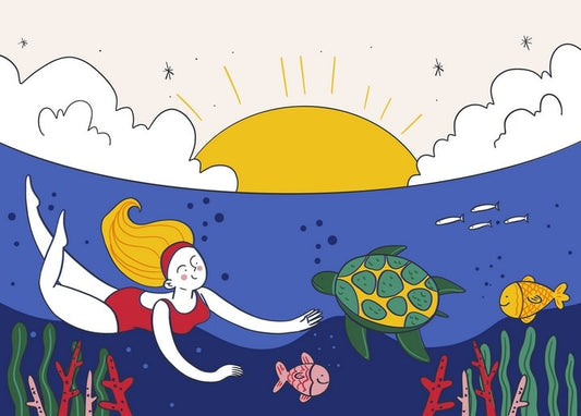 Illustrated girl in a red swimsuit swimming underwater with a sea turtle, fish and coral reef.