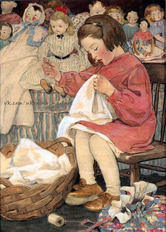 Illustration eines Mädchens, das Puppenkleider näht, umgeben von Puppen, von Jessie Willcox Smith