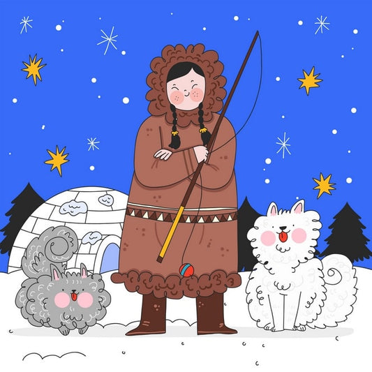 Illustrated girl in a fur parka with two fluffy sled dogs by an igloo under a starry sky
