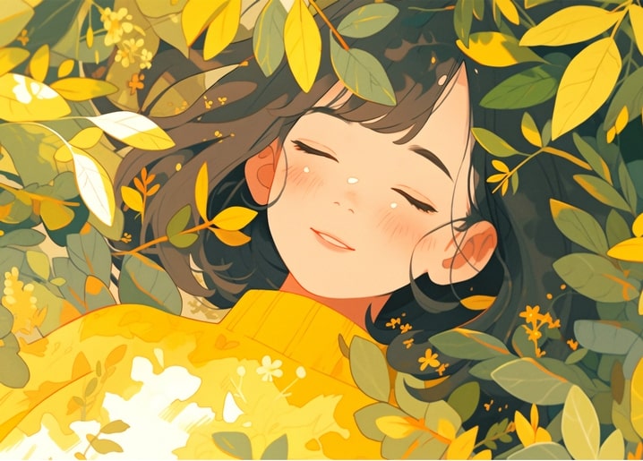 Illustration of a girl sleeping peacefully in a bed of golden autumn leaves and small white flowers