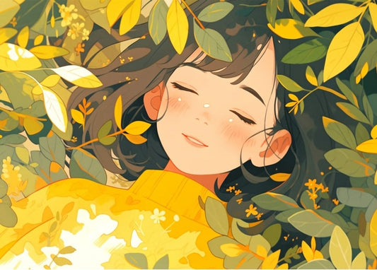 Illustration of a girl sleeping peacefully in a bed of golden autumn leaves and small white flowers