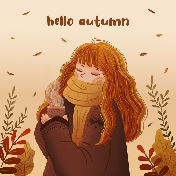 Illustration of a girl in a mustard scarf holding a steaming cup among falling autumn leaves