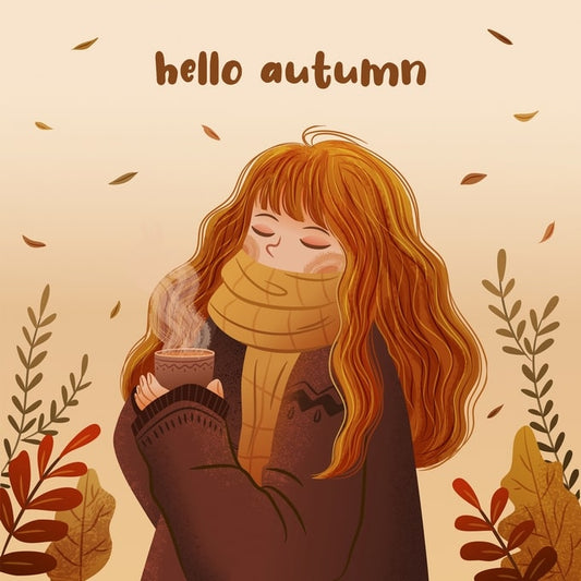Illustration eines Mädchens mit senffarbenem Schal und dampfender Tasse im fallenden Herbstlaub