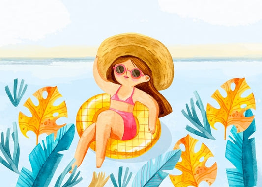 Illustrated girl in a straw hat sunbathing on a yellow pool float