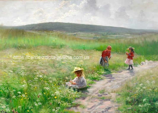 Gemälde von Fanny Brate: Mädchen mit Strohhut zwischen Wildblumen, zwei Mädchen auf dem Weg