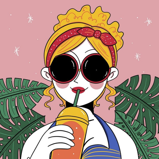 Illustrated girl in round sunglasses and red headband sipping an orange drink
