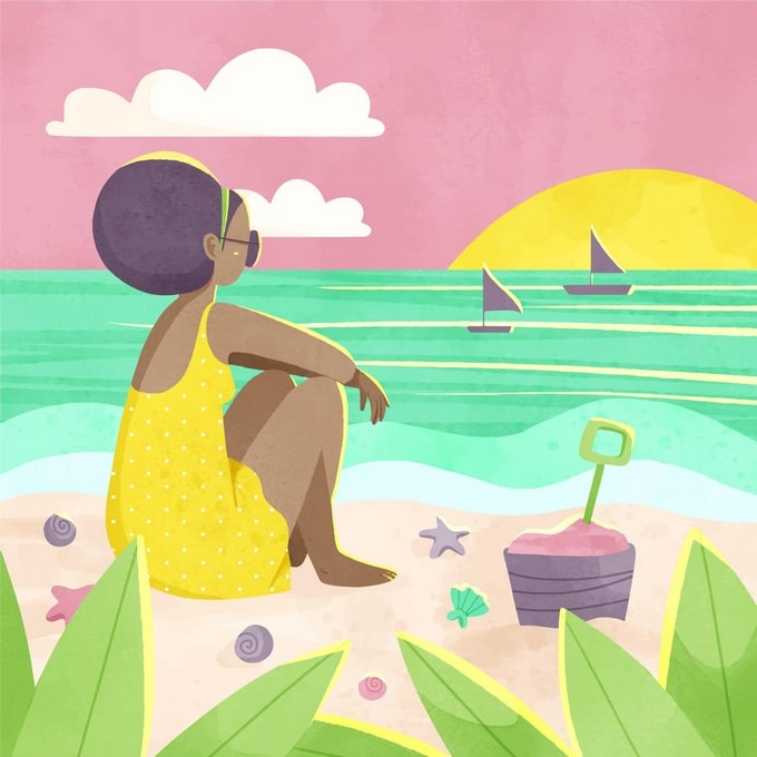 Illustrated girl in yellow dress watching sailboats at sunset on the beach