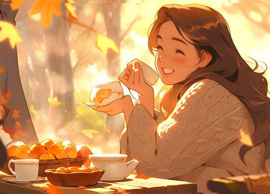 Illustrated girl laughing with tea, oranges and pie in an autumn forest setting