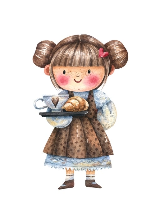 Watercolor girl with twin buns holding a tray of tea and a croissant