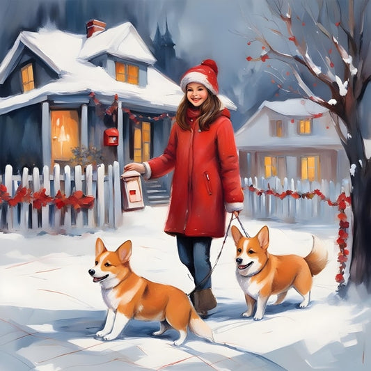 Illustration of a girl in a red coat walking two corgi dogs through snow