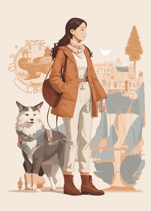 Illustrated girl in a rust coat walking a fluffy dog through a hillside town at dusk