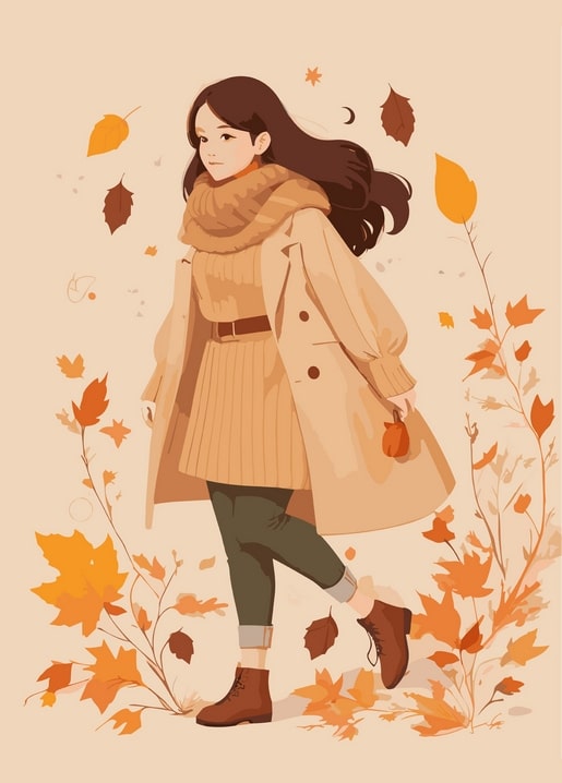 Girl in a belted trench coat walking through swirling autumn leaves with a small pumpkin