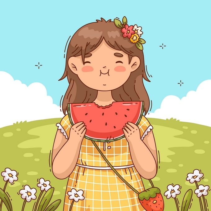 Illustration of a girl with flowers in her hair eating watermelon in a daisy field