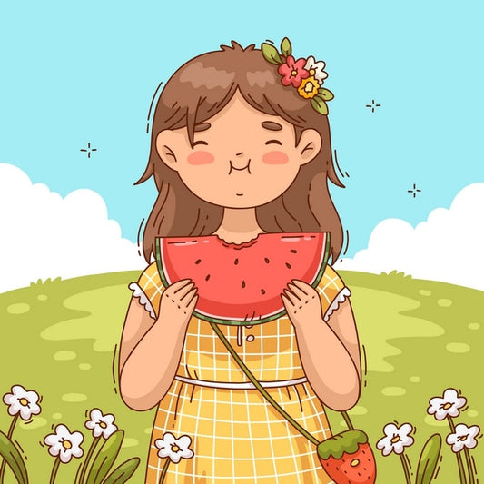Illustration of a girl with flowers in her hair eating watermelon in a daisy field