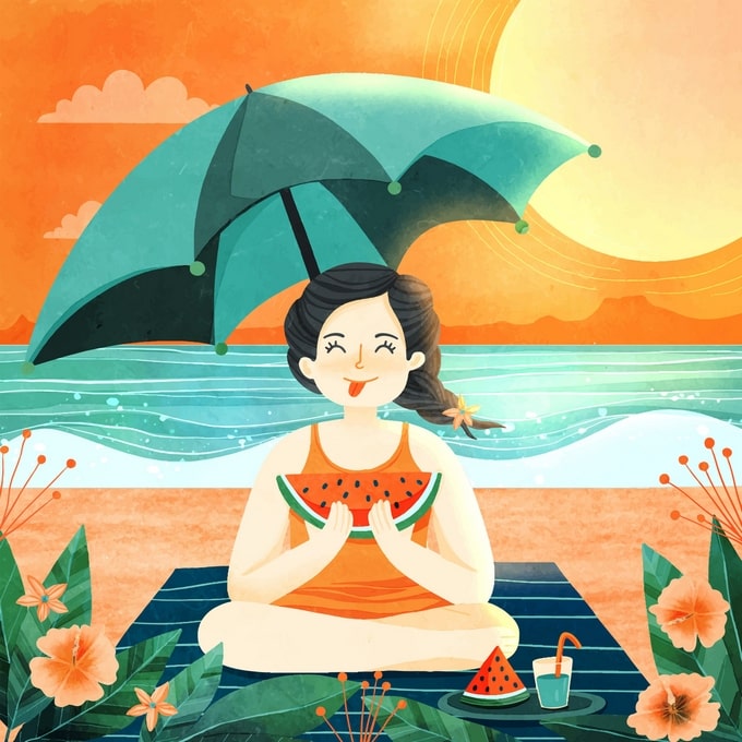 Watercolor girl eating watermelon under a teal umbrella at sunset on the beach