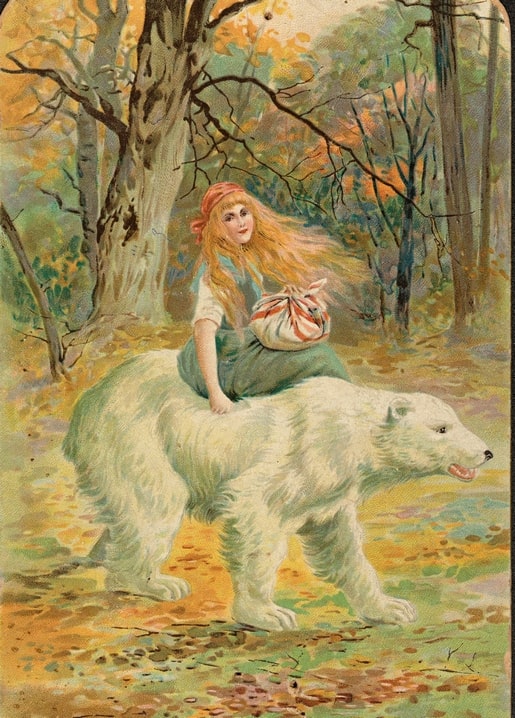 Mädchen mit wehendem Haar reitet auf weißem Eisbären durch goldenen Herbstwald