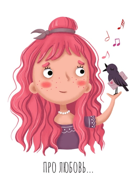 Illustration eines Mädchens mit rosa Haar und einem Raben mit Liebesbrief und Notenzeichen