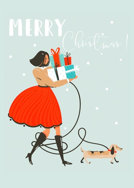 Girl in a red dress carrying wrapped gifts while walking a dachshund on a leash