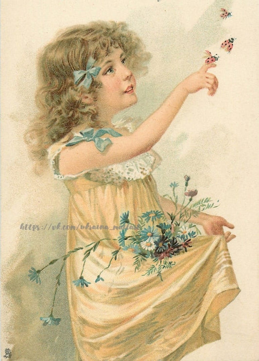Vintage-Illustration eines Mädchens im gelben Kleid, das nach Marienkäfern greift, Blumen im Rock