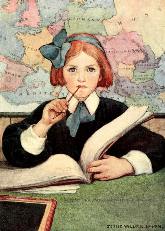 Illustration eines Mädchens mit Stift und Buch vor einer Weltkarte, von Jessie Willcox Smith