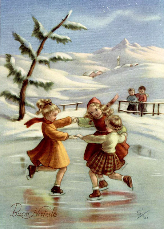 Vintage Christmas postcard illustration of three girls ice skating hand in hand on a frozen pond near a snowy village