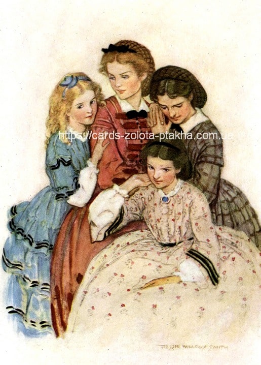 Four girls in vintage dresses sharing a tender embrace, illustration by Jessie Willcox Smith