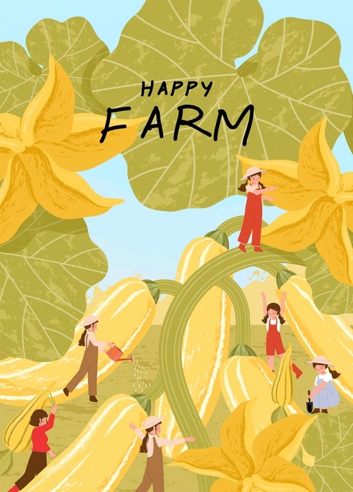 Girls in sun hats tend a yellow squash patch beneath giant blossoms on the Happy Farm postcard illustration.