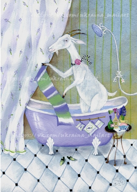 Illustrated goat standing in a purple bathtub holding a striped towel under the shower