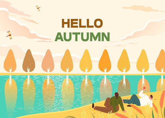 Illustrierte goldene Herbstbäume spiegeln sich im See, zwei Freunde sitzen im Schilf