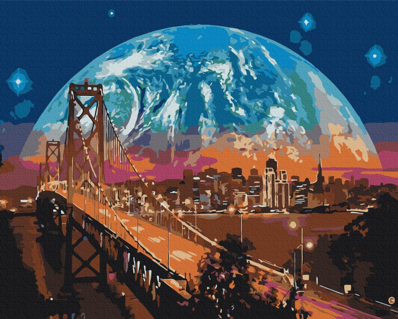 Paint-by-numbers scene of a giant moon rising over the Golden Gate Bridge and San Francisco skyline at night