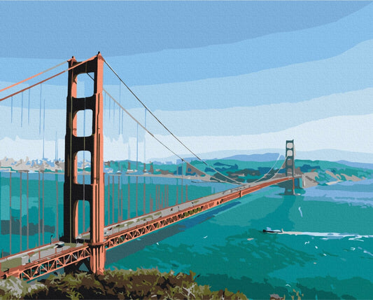 Paint-by-numbers canvas of the Golden Gate Bridge spanning teal San Francisco Bay under a pale blue sky