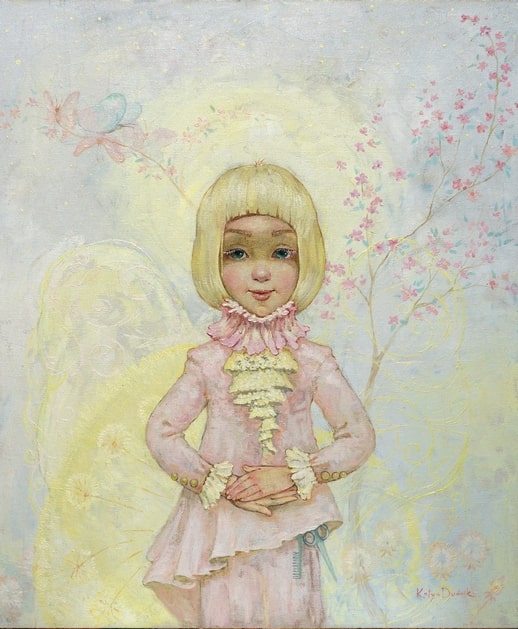 Пастельний портрет русокосої дівчинки з ніжними крилами та гілкою вишні