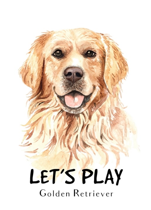 Aquarell-Golden-Retriever mit herausgestreckter Zunge und der Unterschrift „Lass uns spielen“ auf einer Postkarte.