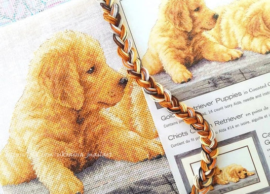 Cross-stitched Golden Retriever puppy portrait beside its pattern leaflet and a braided strand of embroidery floss.