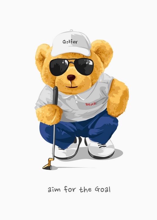 Teddybär als Golfer mit Cap, Sonnenbrille und Golfschläger
