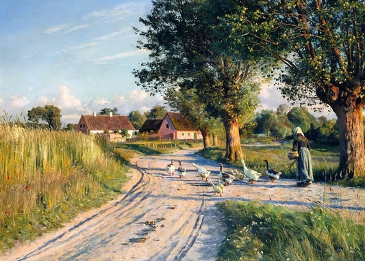 Gemälde von Peder Mørk Mønsted: Gänsehirtin führt ihre Gänse über einen sonnigen Feldweg