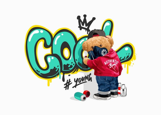 Illustrierter Teddybär in roter Bomberjacke sprüht Graffiti-Schriftzug COOL an eine Wand