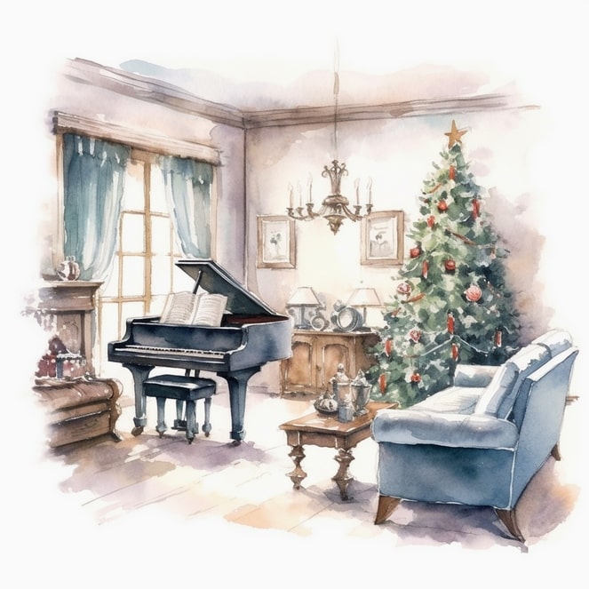 Aquarellierter Salon mit Flügel, Kronleuchter und geschmücktem Weihnachtsbaum am Fenster.