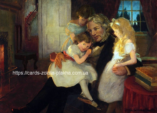 Illustration eines Großvaters, der abends am Kamin von drei Enkelkindern umarmt wird.