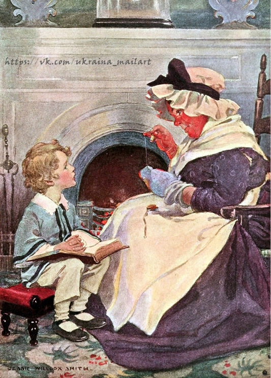 Illustration von Jessie Willcox Smith: Großmutter erzählt einem Jungen am Kamin eine Geschichte