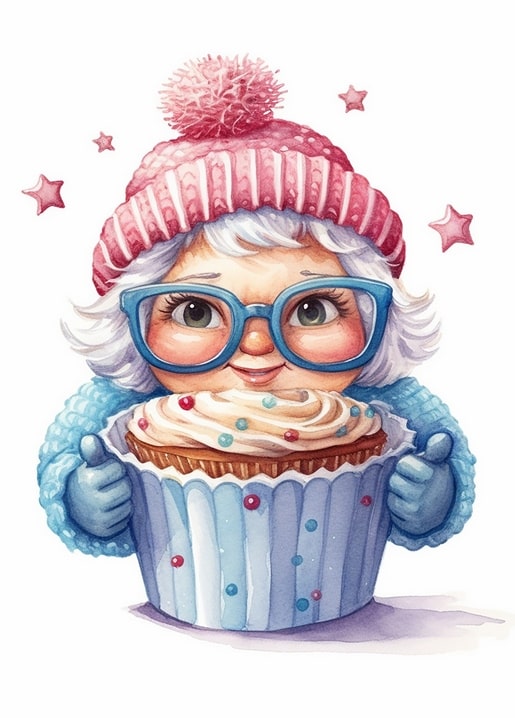Cartoon-Oma mit rosa Bommelmütze schaut hinter einem riesigen Cupcake mit Streuseln hervor